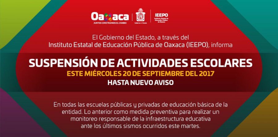 El miércoles 20 de septiembre, suspendidas clases en Oaxaca como medida preventiva: IEEPO