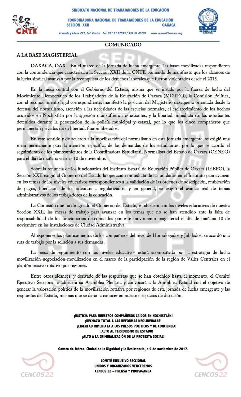 Presenta Sección 22 presuntos acuerdos con gobierno estatal