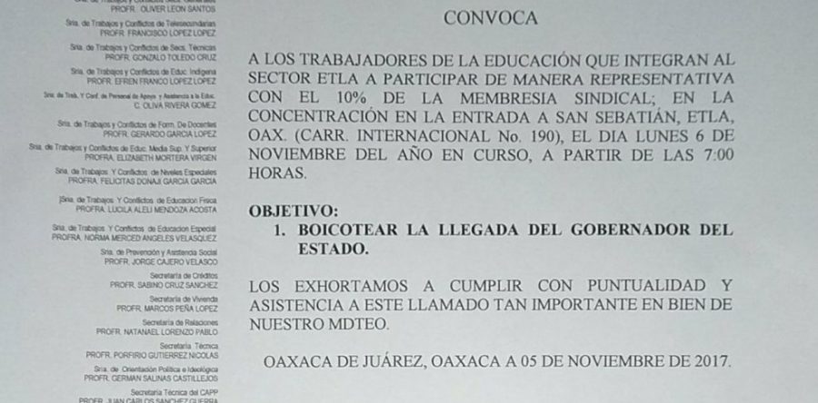 Pretende Sección 22 boicotear evento de Alejandro Murat