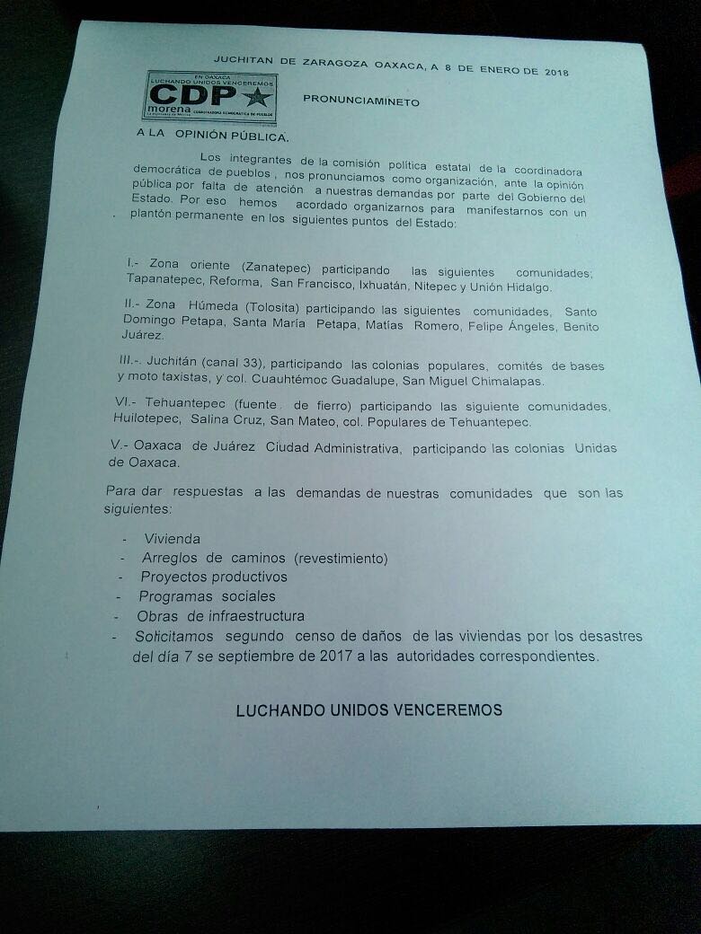 Anuncia CDP plantón permanente en la entidad ante presuntas irregularidades en reconstrucción