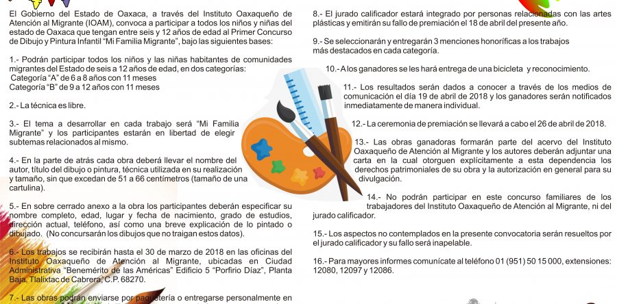 Convoca IOAM al Primer Concurso de Dibujo y Pintura Infantil  “Mi familia migrante”