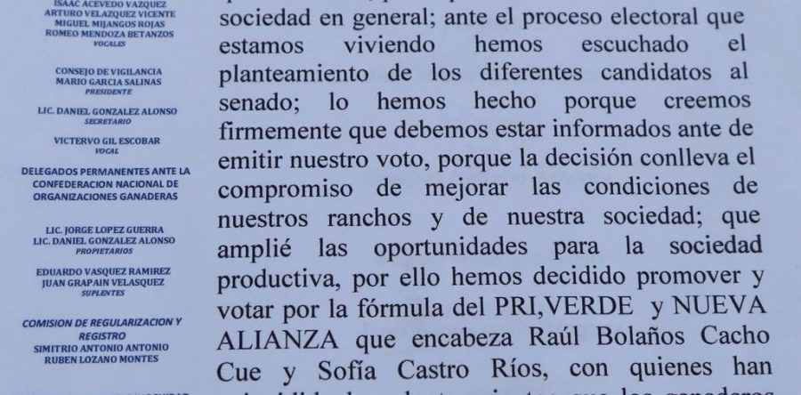 135 asociaciones ganaderas respaldan a Raúl Bolaños Cacho Cué y Sofía Castro