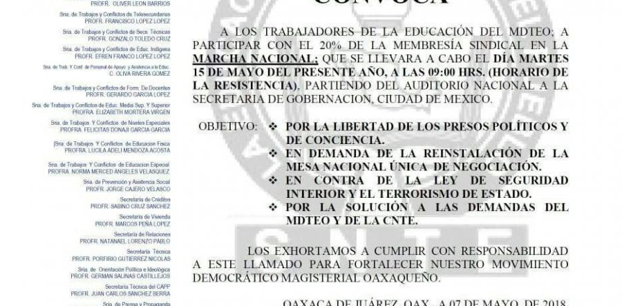 Convoca Sección 22 a marcha masiva para este 15 de mayo; no se descarta estallamiento de paro de labores