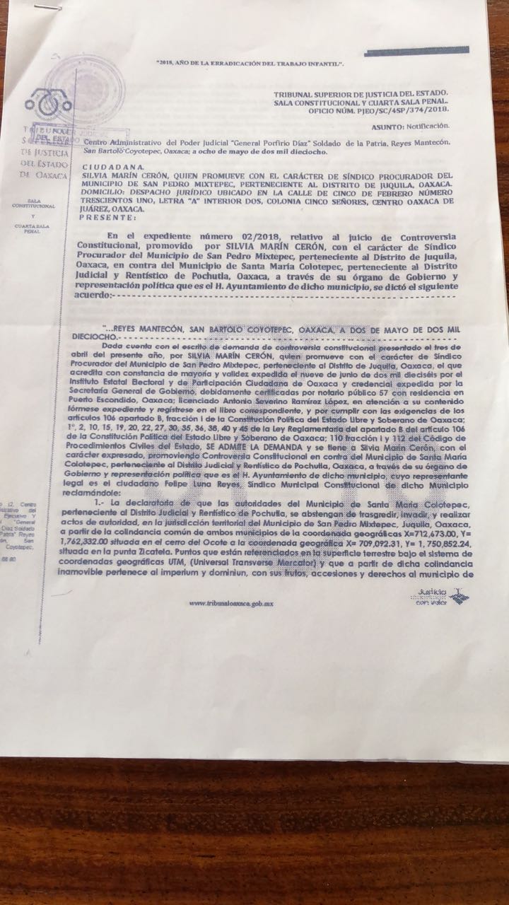 Ordena TSJE a Colotepec desalojar tierras que invadió del municipio de San Pedro Mixtepec