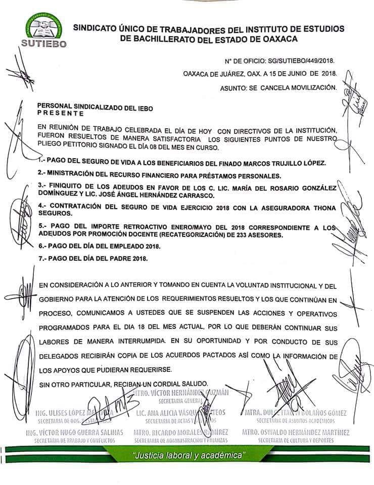 Trabajadores del SUTIEBO suspenden protestas programadas para  este lunes