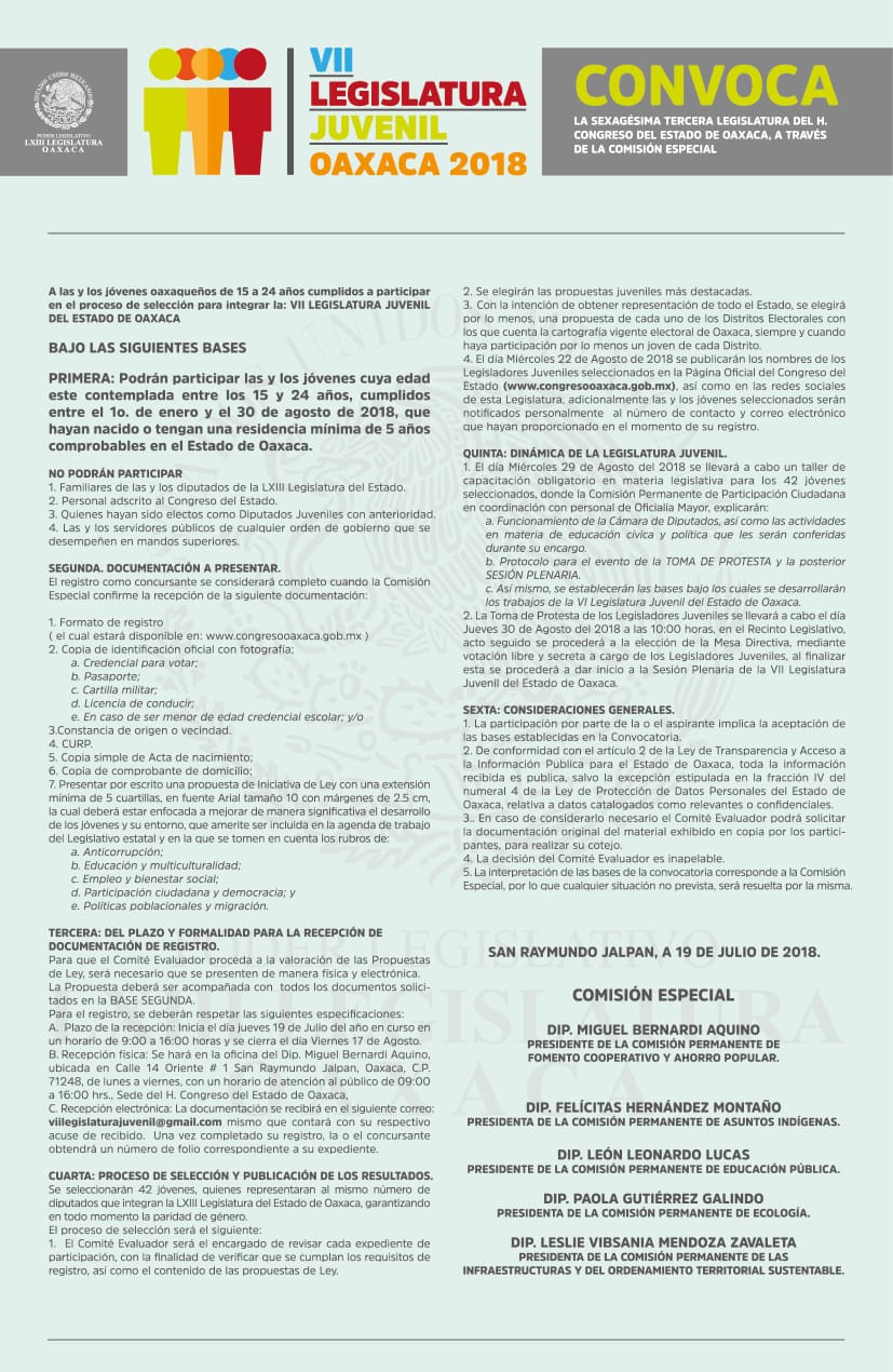 Busca Legislativo a 42 Jóvenes de Oaxaca para integrar la VII Legislatura Juvenil
