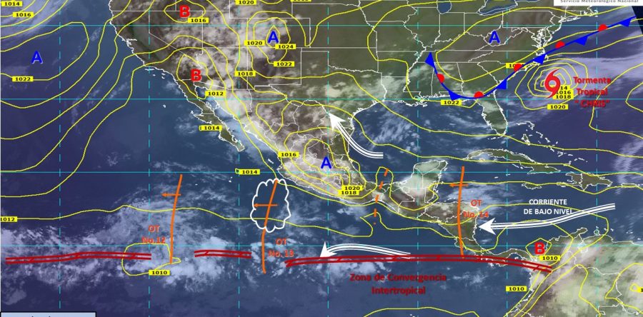 Potencial de tormentas puntuales muy fuertes en Veracruz, Oaxaca y Chiapas.