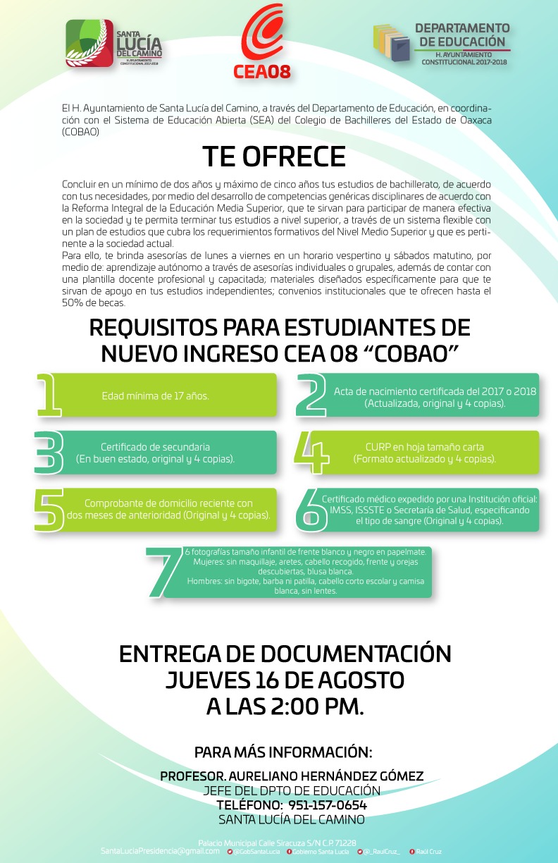 Con el fin de mejorar el nivel educativo de los habitantes de Santa Lucía, invita Gobierno Municipal y COBAO a inscribirse al CEA 08