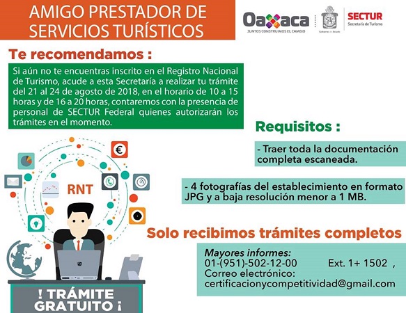 Llama SECTUR Oaxaca a prestadores de servicios turísticos a inscribirse al RNT
