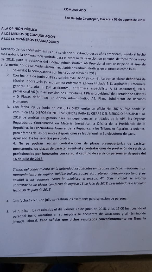 Denuncian asignación de plazas de forma irregular en Hospital Regional de Alta Especialidad