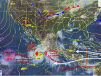 Lluvias muy fuertes acompañadas de actividad eléctrica y posibles granizadas en Sonora, Sinaloa, Durango, Nayarit, Jalisco, Colima, Michoacán, Guerrero, Oaxaca, Chiapas y Veracruz