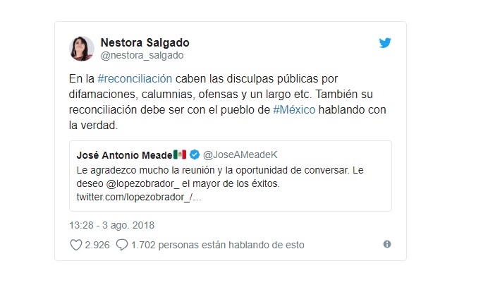 En la reconciliación, caben las disculpas: Nestora Salgado a Meade