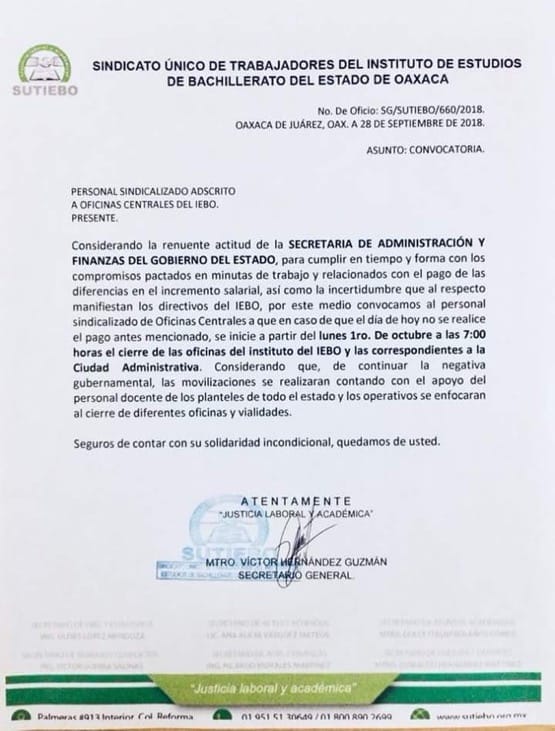 Anuncia IEBO protestas a partir del primero de octubre