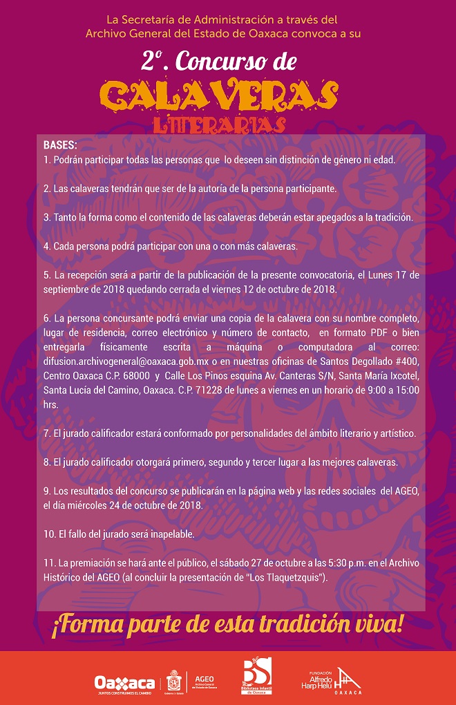 Concluye el 12 de octubre recepción al Segundo Concurso de Calaveras Literarias del AGEO