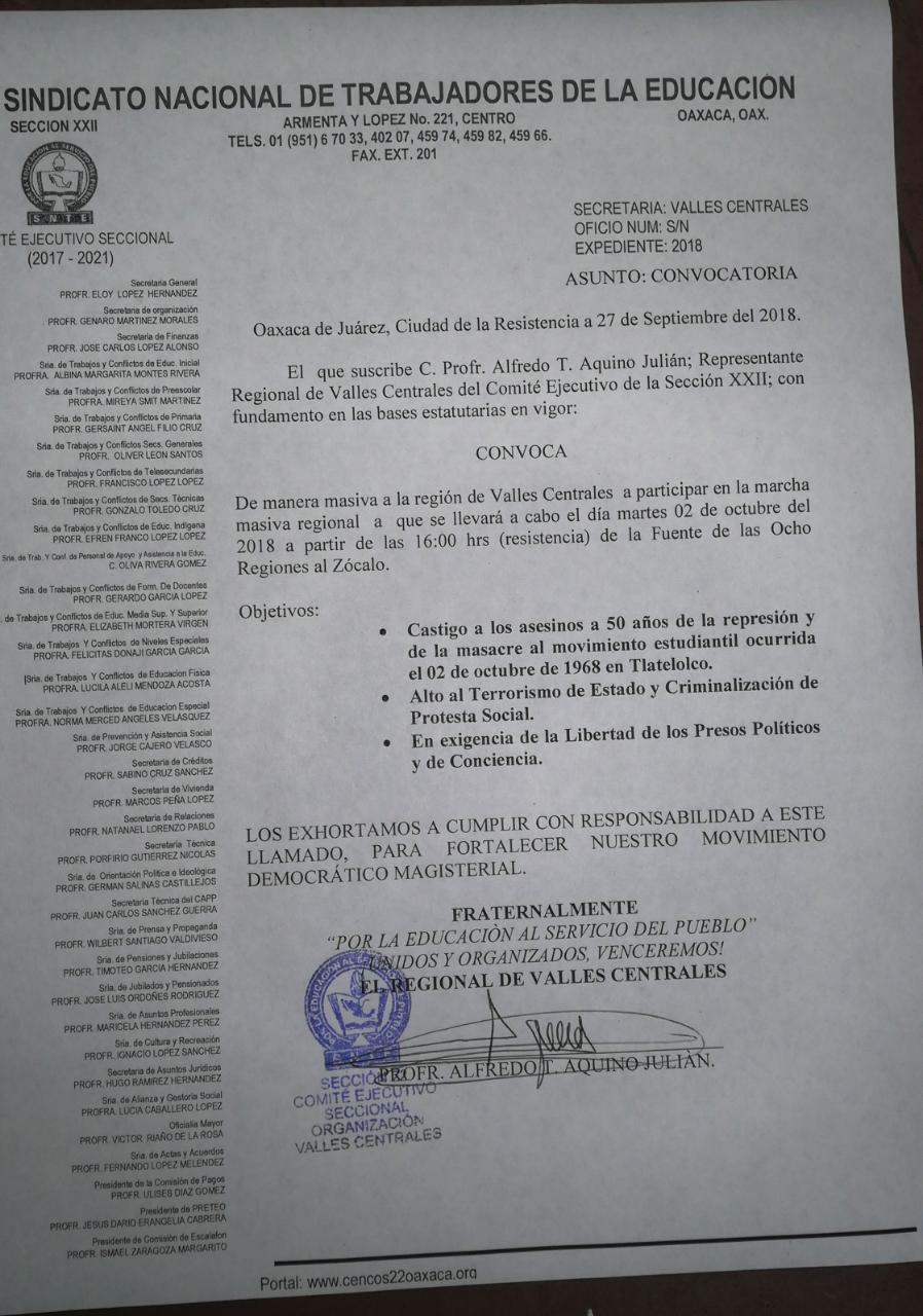 Conmemorará Sección 22 medio siglo de matanza en Tlatelolco con marcha