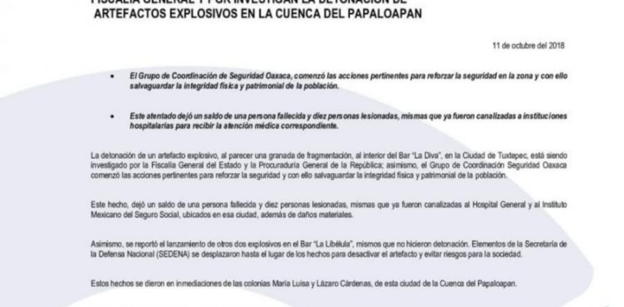 Deja explosión de granada un muerto y 10 heridos