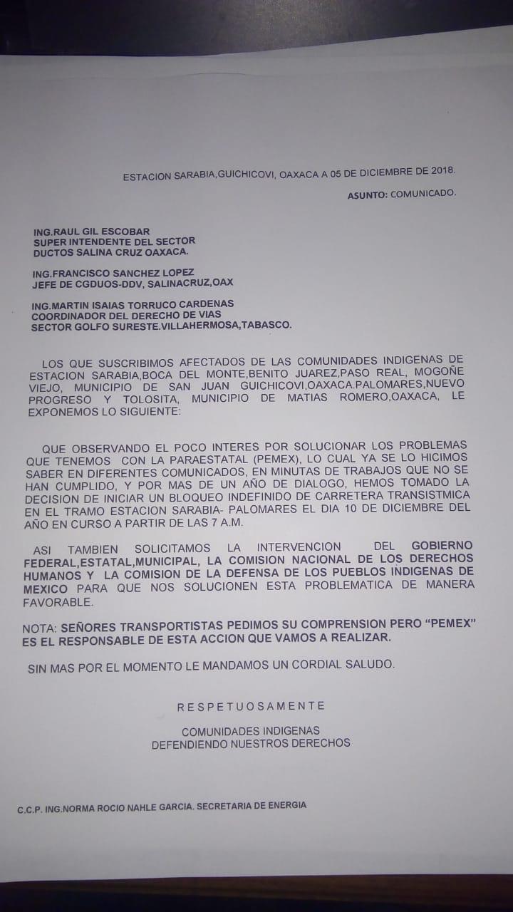 Anuncian comunidades del Istmo bloqueos carretero para el lunes