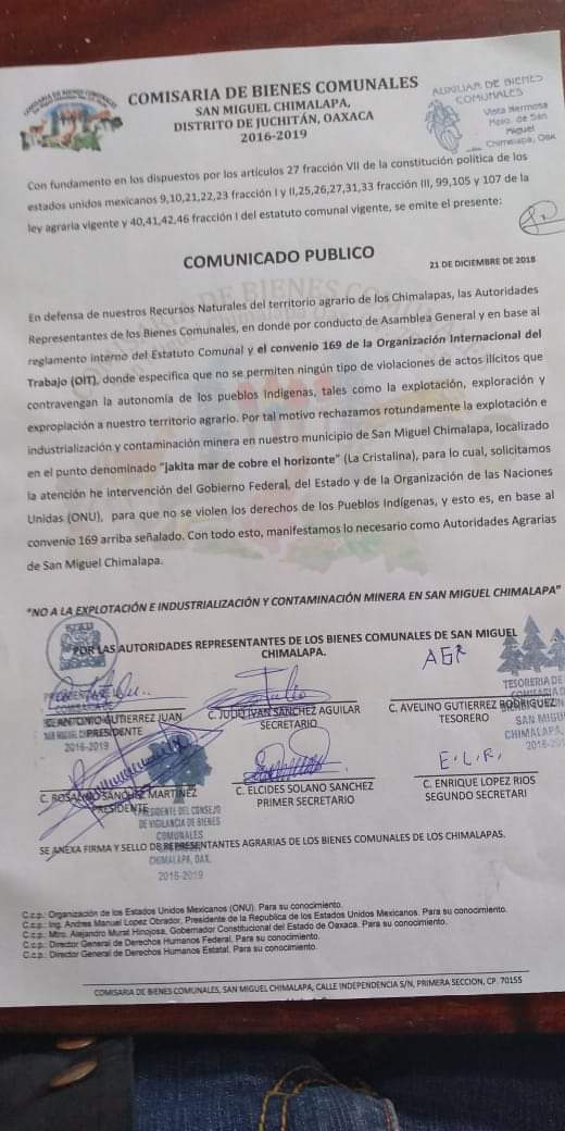 Piden pobladores de San Miguel Chimalapa la no entrada de mineras en su territorio