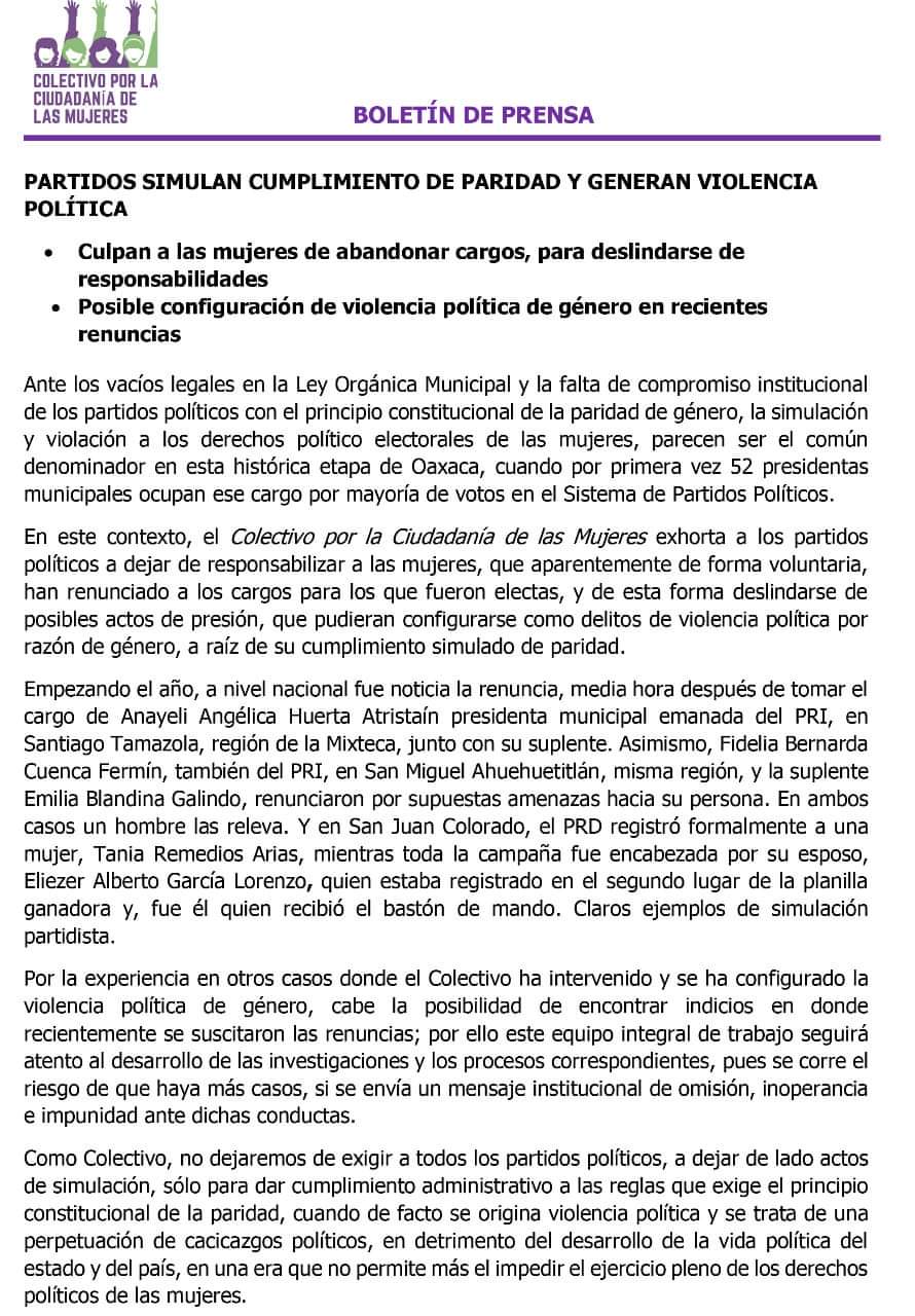 No descartan delito de violencia política ante renuncia de alcaldesas y suplentes