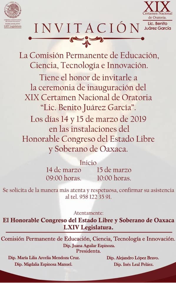 Listo Certamen de Oratoria Benito “Juárez García” convocado por Congreso local