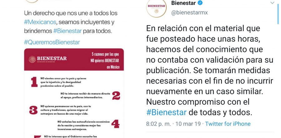 Secretaría tuitea “5 razones para no querer Bienestar”; corrigen por no contar “con validación”