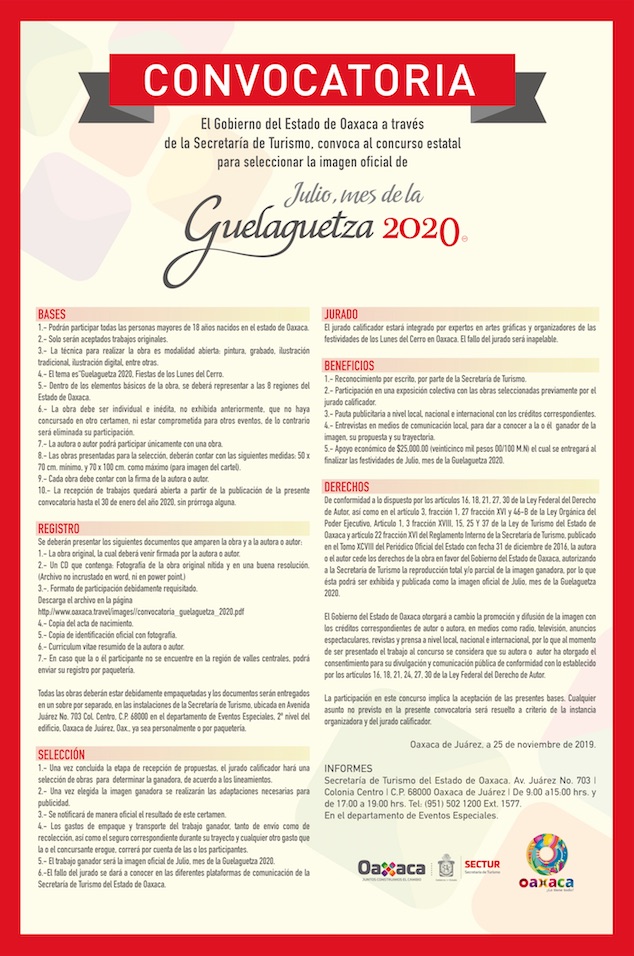 Cierra este 30 de enero convocatoria para la selección de la imagen oficial de la Guelaguetza 2020