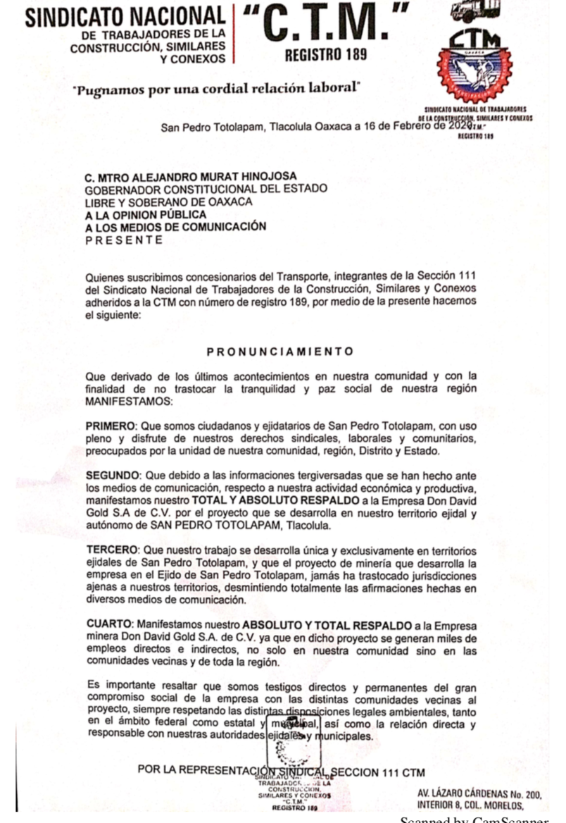 Defiende CTM trabajos de empresa minera Don David Gold en Totolapam