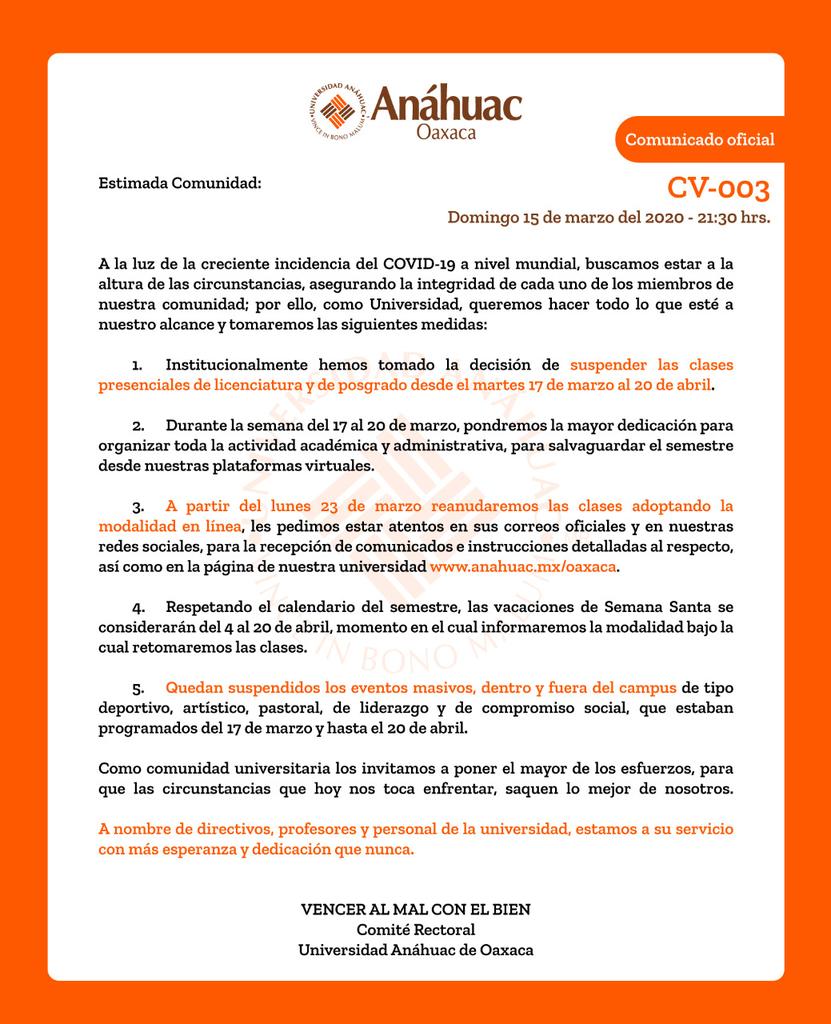 Suspenden universidades actividades escolares; clases serán en línea