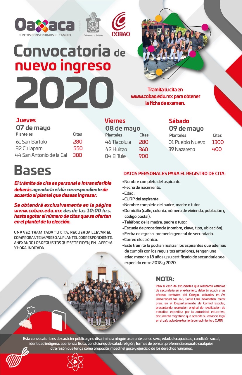 Cambia Cobao fechas en su convocatoria de nuevo ingreso 2020