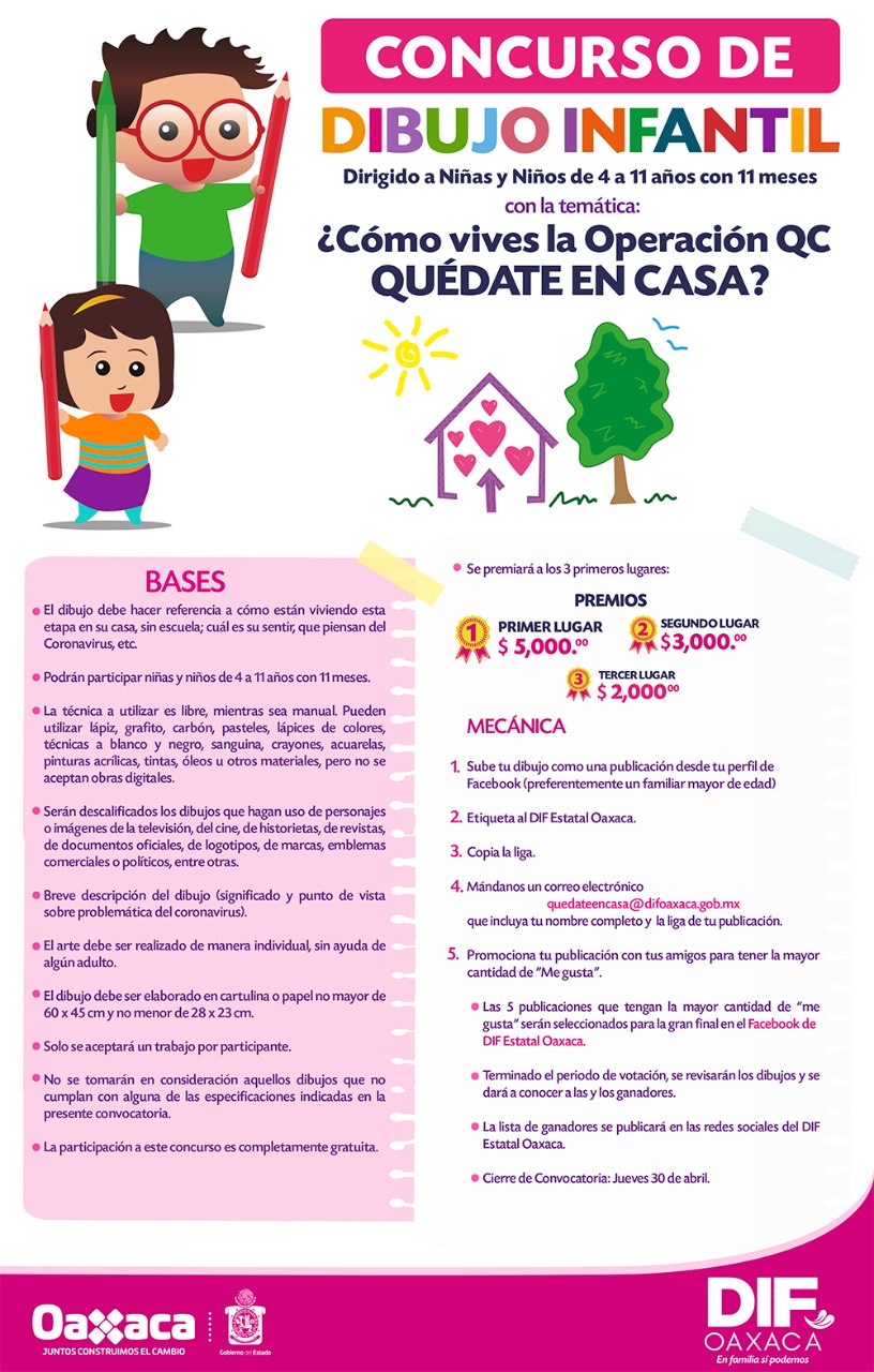 Convoca DIF Oaxaca a concurso infantil de dibujo “Quédate en Casa”