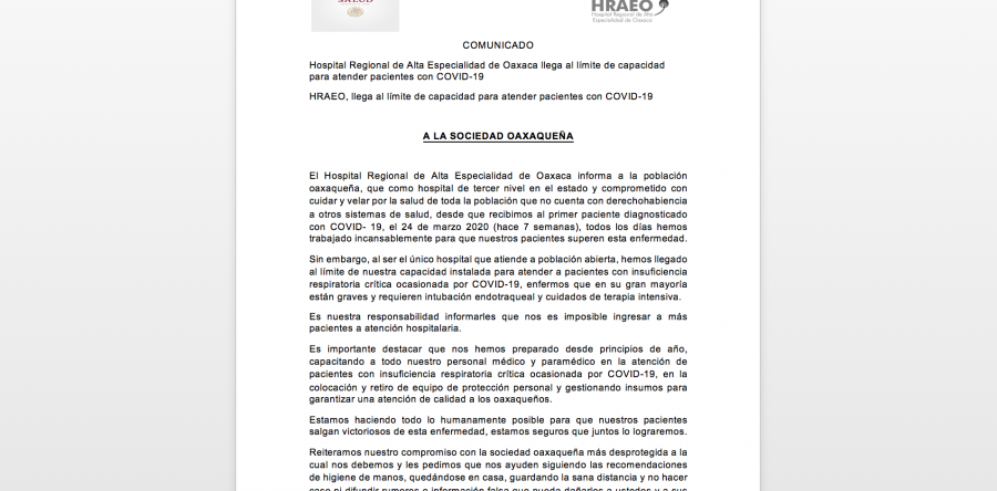 Hospital Regional de Alta Especialidad de Oaxaca llega al límite de capacidad para atender pacientes con COVID-19
