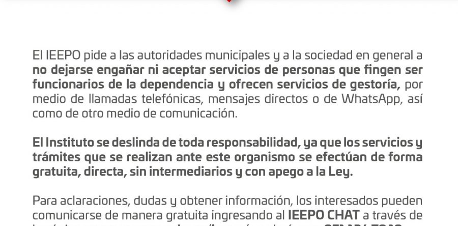 Alerta IEEPO a las autoridades municipales y sociedad en general sobre falsos gestores