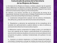 Comunicado de prensa de la Secretaría de las Mujeres de Oaxaca