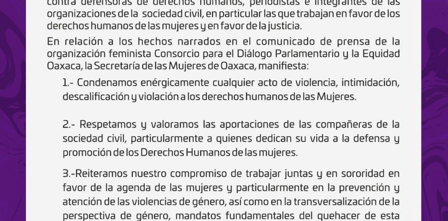 Comunicado de prensa de la Secretaría de las Mujeres de Oaxaca