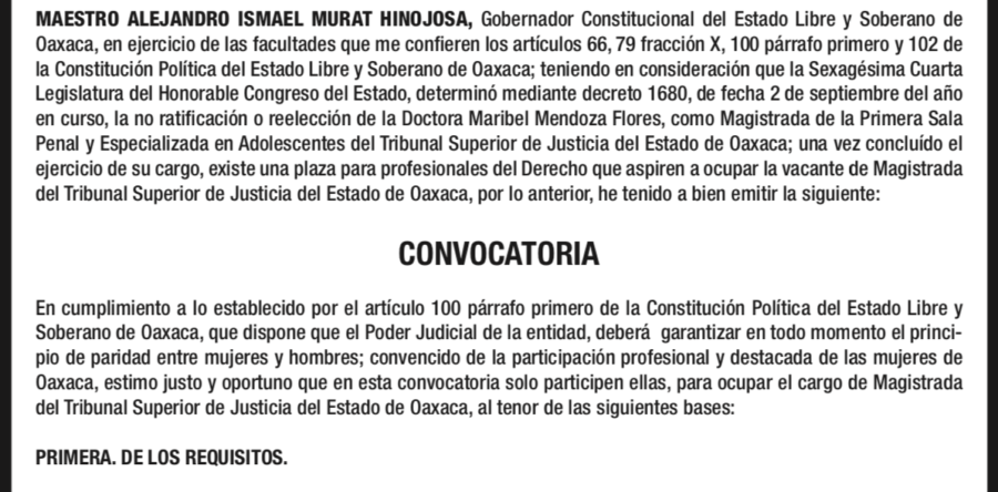 Convoca Alejandro Murat a las profesionales del Derecho a participar en la elección para ocupar la vacante de Magistrada del TSJ