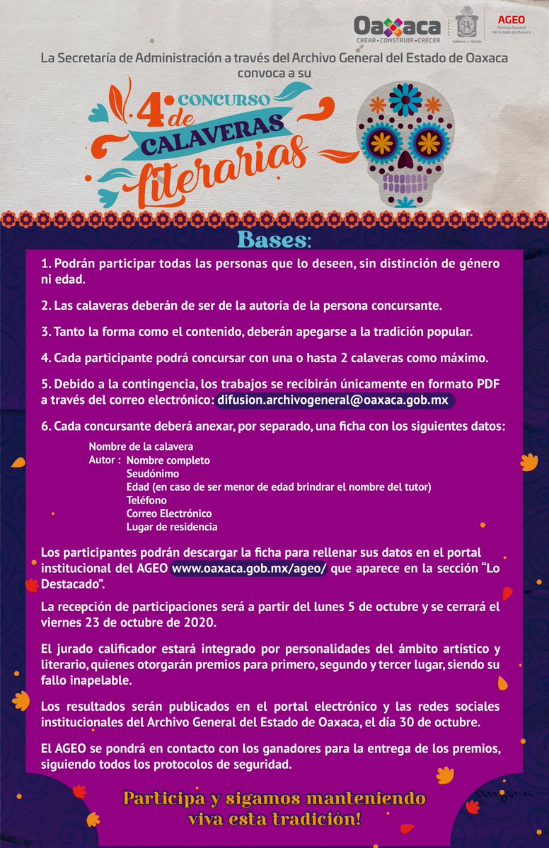 Invita AGEO a participar en el 4° Concurso de Calaveras Literarias