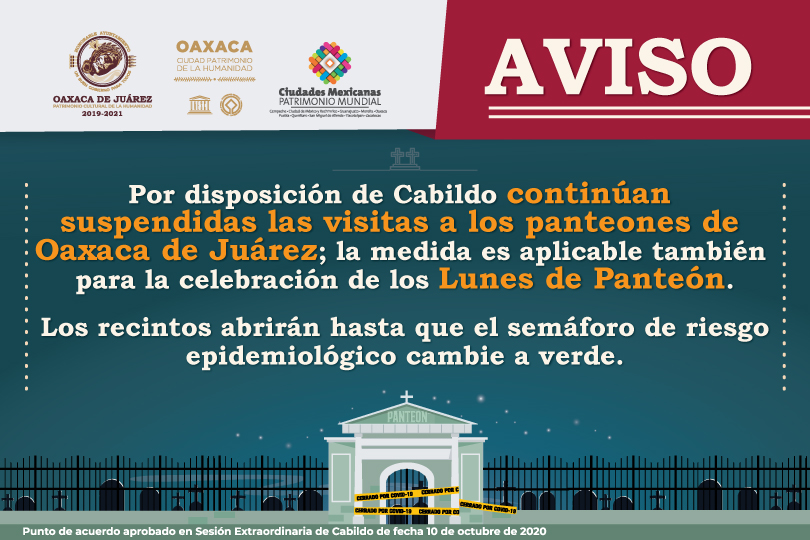 Por pandemia, no se celebrarán los  “Lunes de Panteón” en Oaxaca de Juárez