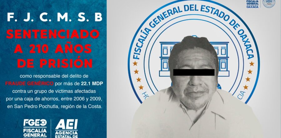 Por el delito de fraude, logramos que se impusiera sentencia de 210 años de cárcel a ex presidente de caja de ahorro de Pochutla: FGEO
