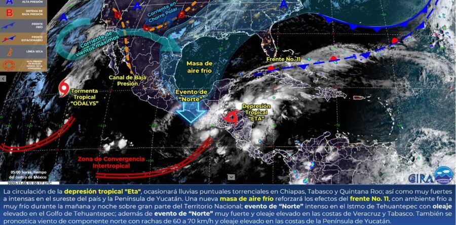 Lluvias puntuales torrenciales en Tabasco, Chiapas y Quintana Roo, así como intensas en Oaxaca, Veracruz y Campeche