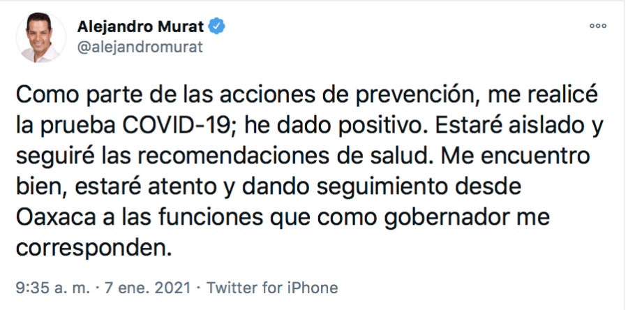 Anuncia Alejandro Murat aislamiento tras dar positivo a COVID-19