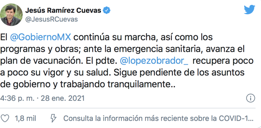López Obrador recupera poco a poco su vigor y su salud: Jesús Ramírez