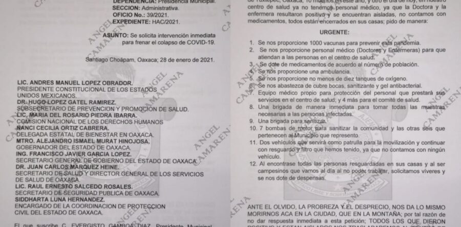 Edil de Santiago Choapam pide intervención de AMLO y Alejandro Murat para frenar aumento de contagios por COVID-19
