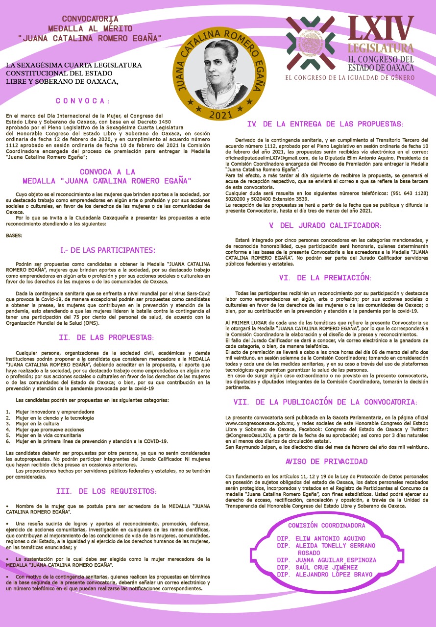 Emite Congreso convocatoria para recibir la medalla Juana Catalina Romero Egaña