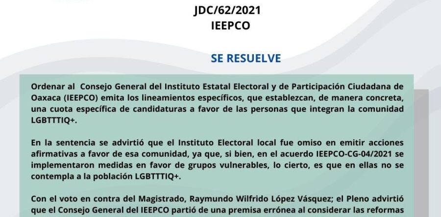 Ordena TEEO a IEEPCO emitir lineamientos para candidaturas a comunidad LGBTTTIQ