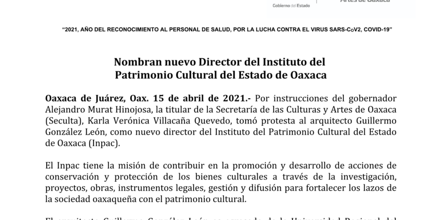 Nombran nuevo Director del Instituto del Patrimonio Cultural del Estado de Oaxaca