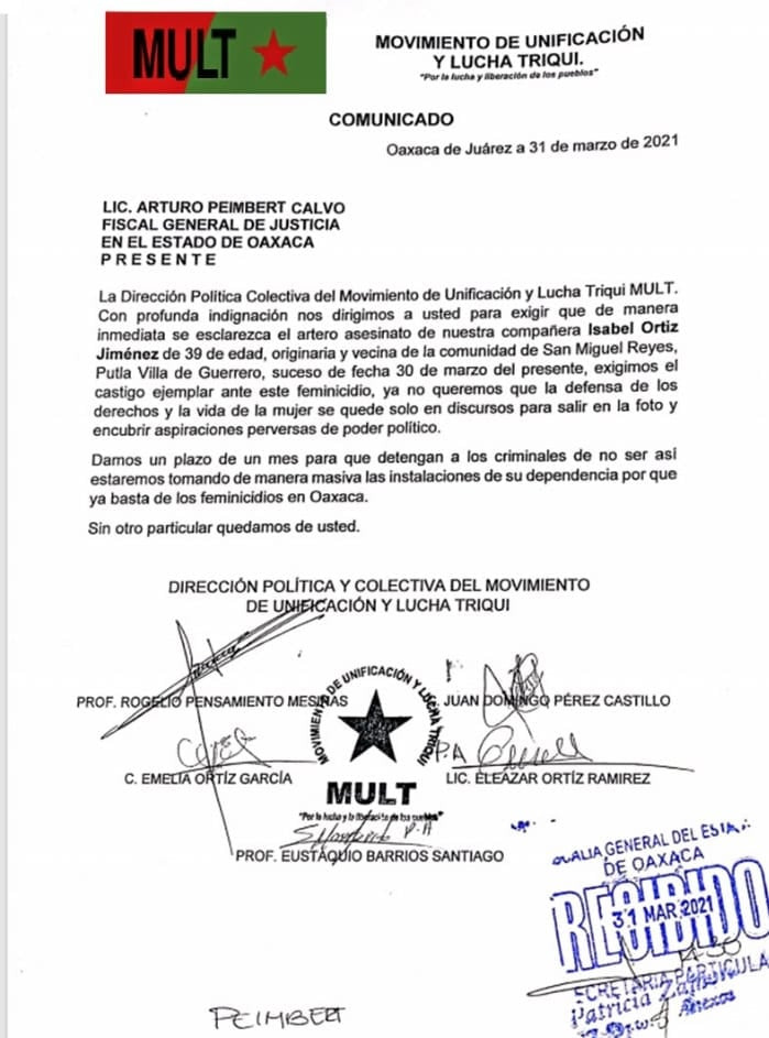 Pide el MULT se esclarezca de manera inmediata el feminicidio de Reyna Isabel Ortíz