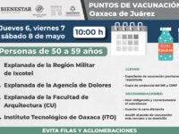 Iniciará este jueves en Oaxaca de Juárez vacunación contra COVID-19 para personas de 50 a 59 años