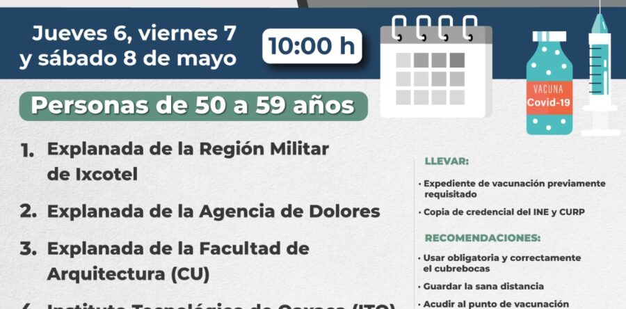 Iniciará este jueves en Oaxaca de Juárez vacunación contra COVID-19 para personas de 50 a 59 años