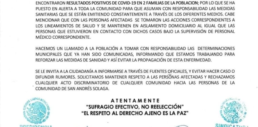 San Andrés Solaga, registra casos positivos de Covid-19