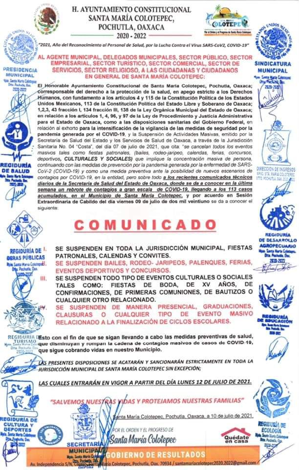 Endurecen medidas de prevención por Covid-19 en Colotepec